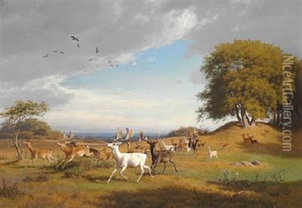 Summer Day With Deer In Dyrehaven, North Of Copenhagen Oil Painting - Carl Henrik Bogh