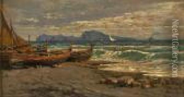 Fischerboote Am Strand Vom Golf Von Neapel Oil Painting - Giuseppe Carelli