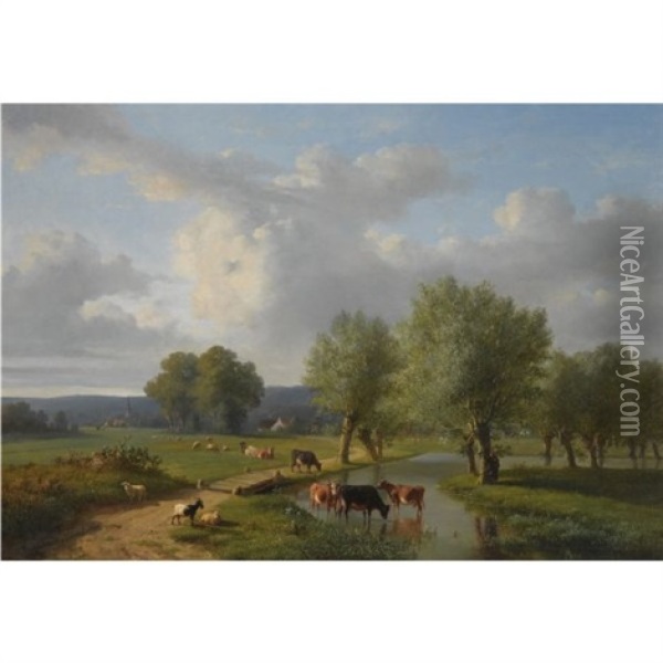 Cattle In A Summer Landscape Oil Painting - Louis-Pierre Verwee and Eugene Joseph Verboeckhoven
