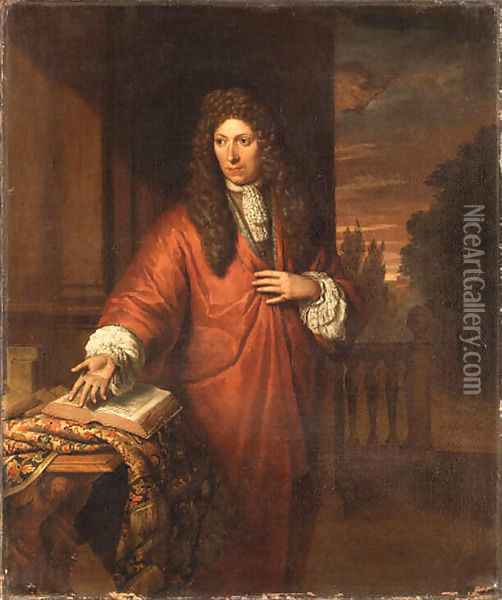 Portrait of a Gentleman, small three-quarter length, in a red robe, beside a draped table Oil Painting - Thomas van der Wilt