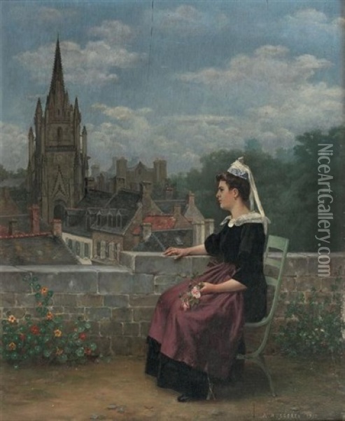 Bretonne Sur Une Terrasse Oil Painting - Adolphe Alexandre Lesrel