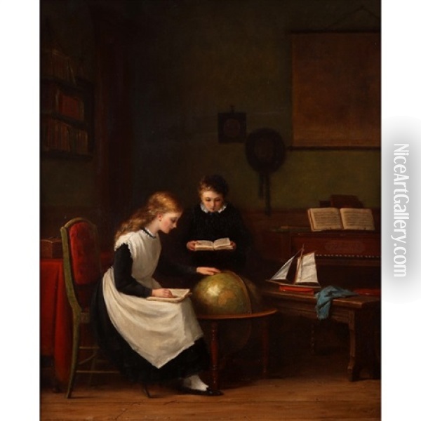Two Children Studying With A Globe And Piano Oil Painting - Frederick Daniel Hardy