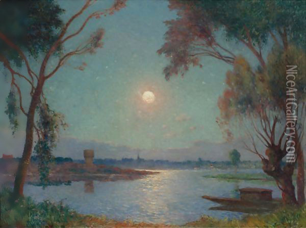 Bord De Loire Au Clair De Lune Oil Painting - Ferdinand Loyen Du Puigaudeau