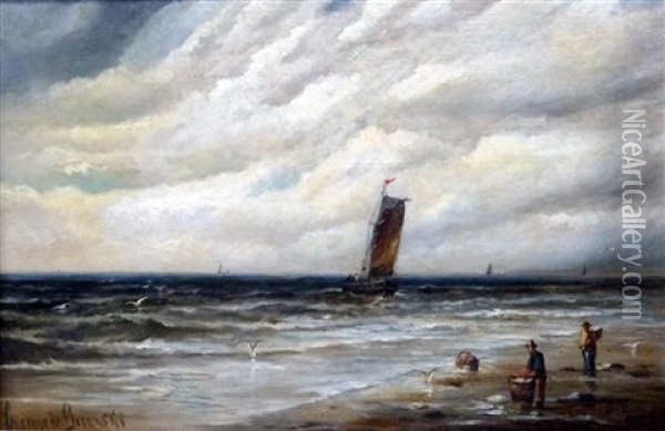 Seascape, Fishing Boats With Figures On Beach Oil Painting - Gustave de Breanski