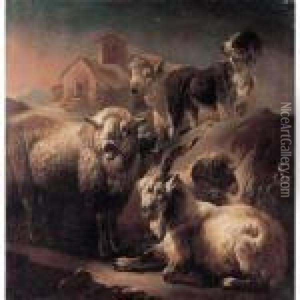 A Goat, Sheep And A Dog Resting In A Landscape, A Cottage Beyond. Oil Painting - Philipp Peter Roos
