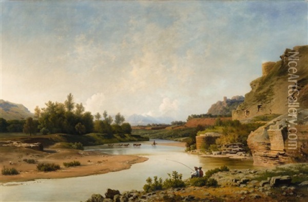 An Italian River Landscape Oil Painting - Ludwig Heinrich Theodor (Louis) Gurlitt