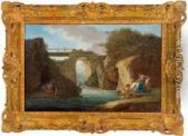 Paesaggio Roccioso Con Un Ponte Cadente Di Pietra Su Un Torrente E Varie Figure Oil Painting - Hubert Robert