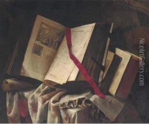 Books On A Partly Draped Table Oil Painting - Pieter Gerritsz. van Roestraten