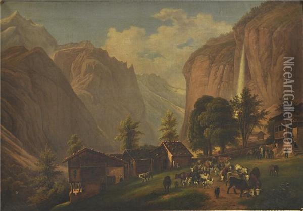 Blick Auf Alpendorf In Einer Schlucht Mit Bauern Und Groser Viehherde. Oil Painting - Alexis, Alexandre V. Joly