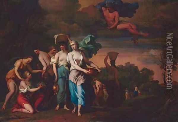 Mercury watching Pandrosus, Herse and Aglauros Oil Painting - Barent Graat