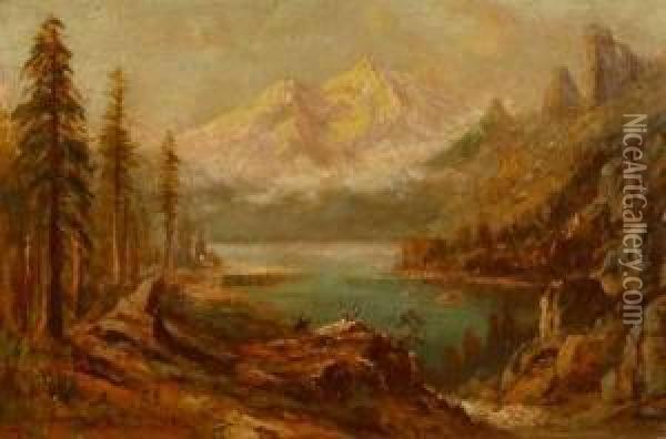 Rider On Horseback & Two 
Figures In View Of Mt. Shasta From Castle Lake S L/l: T. Hill O/c 16x24 Oil Painting - Thomas Hill