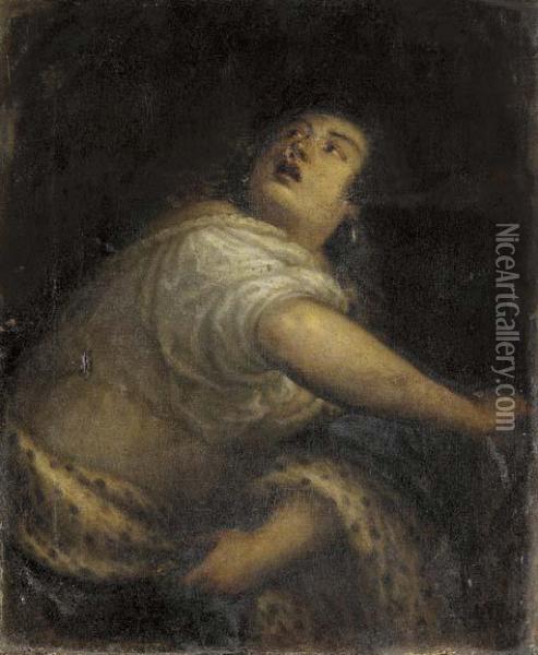 A Female In Distress Looking Up Oil Painting - Tiziano Vecellio (Titian)