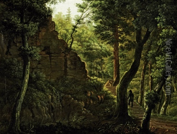 Waldinneres Mit Sandsteinfelsen Und Einem Wanderer Oil Painting - Friedrich Wilhelm Pose