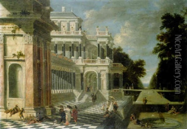 A Classical Palace In A Park With Elegant Figures Oil Painting - Jacob Ferdinand Saeys