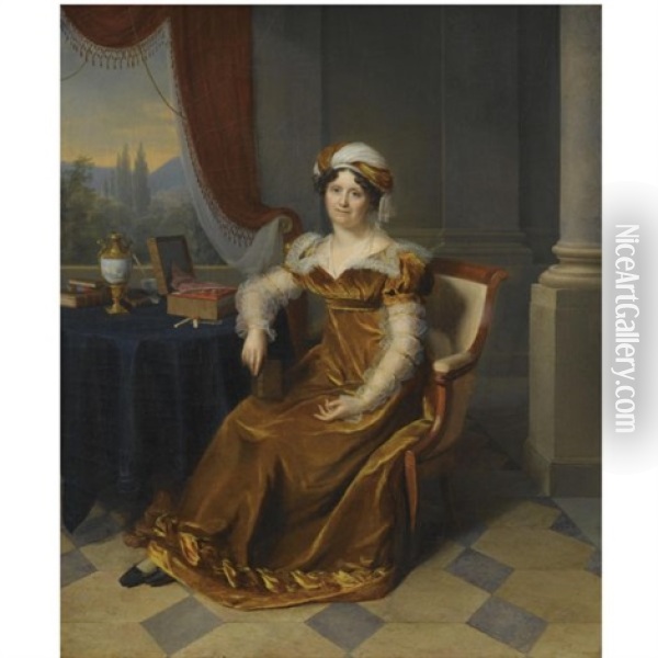 Portrait Of A Lady, Said To Be Madame Masbou, Seated In An Interior, Wearing A Brown Velvet Dress And A Headdress, A Landscape Seen Through A Window Beyond Oil Painting - Firmin Massot