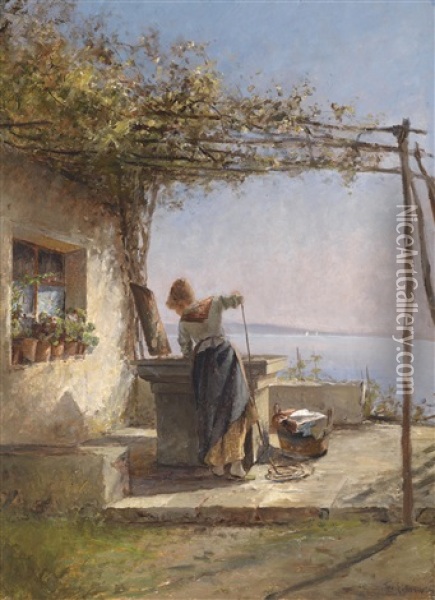 Waschermadel Am Brunnen, Im Hintergrund Eine Sudliche Meereslandschaft Oil Painting - Leontine (Lea) von Littrow