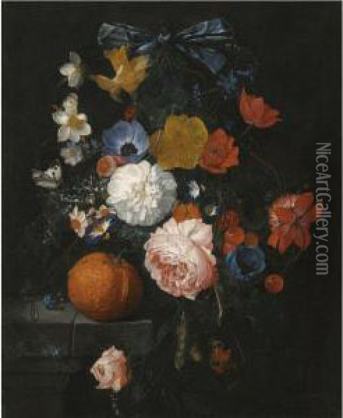 A Still Life With Roses, 
Daffodils, Bluebells And Other Flowers Ona Stone Ledge With An Orange, 
Blackberries And Twobutterflies Oil Painting - Cornelis De Heem
