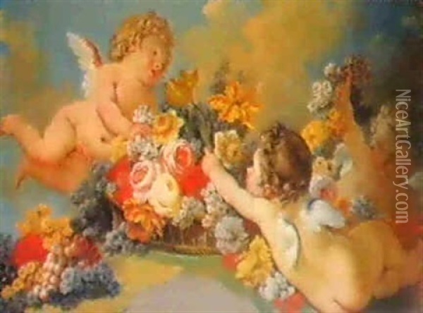 Tre Putti Alati Con Fiori E Frutta Oil Painting - Pierre Antoine Baudouin