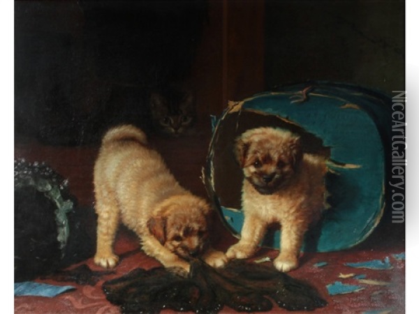 A Game Of Hide And Seek (two Dogs Watched By A Cat) Oil Painting - Horatio Henry Couldery