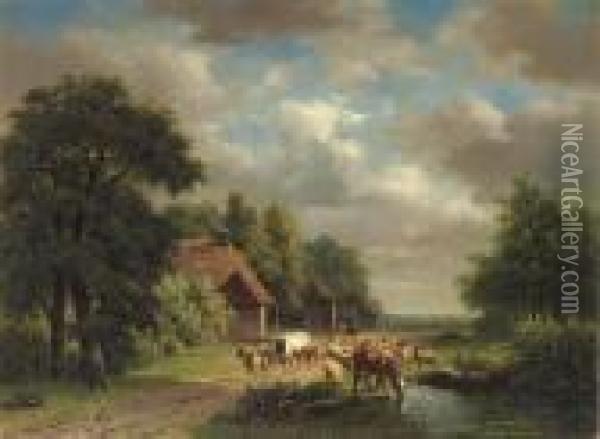 Cattle On A Path Oil Painting - Nicholas Jan Roosenboom