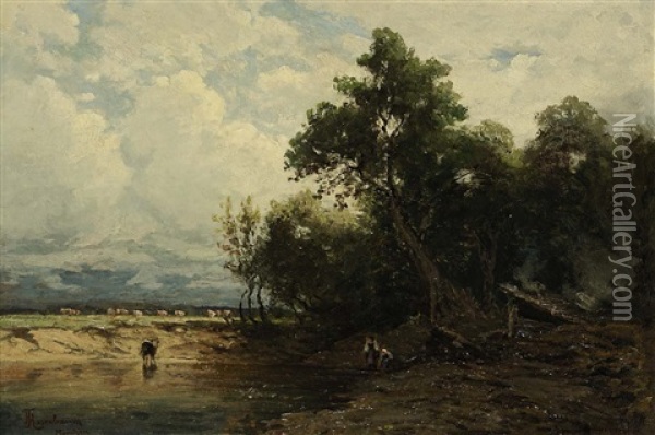 Landschaft Mit Kuhen Am Teich Und Figurenstaffage Oil Painting - Fanny Assenbaum