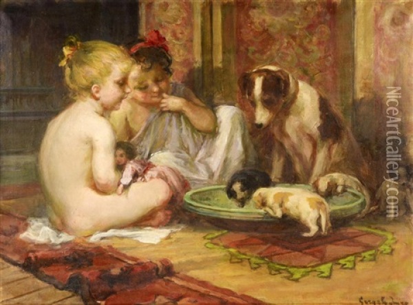 Children With Puppies. Two Girls Playing With A Doll And Watching With Interest A Group Of Puppies Refreshing Themselves Oil Painting - Imre Gergely