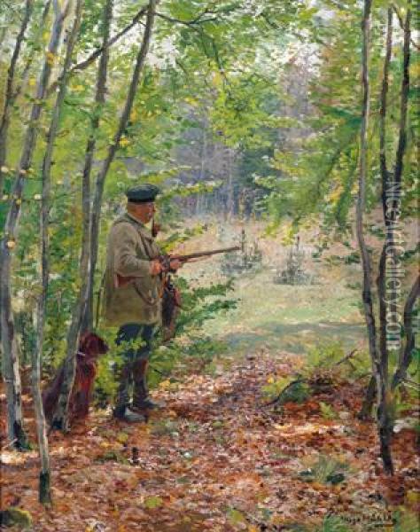 Cacciatore Con Il Suo Cane Nellaforesta Di Latifoglie Oil Painting - Hugo Muhlig