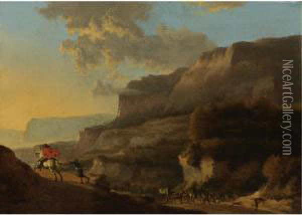 An Italianate Landscape With Travellers Ambushed By Bandits Oil Painting - Jan Hackaert