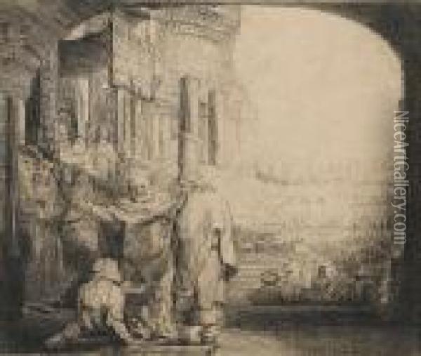 Peter And John Healing The Cripple At The Gateof The Temple (bartsch 94) Oil Painting - Rembrandt Van Rijn