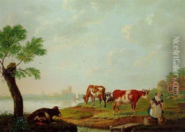A Milkmaid And Cattle On A Riverbank, Dordrecht Beyond Oil Painting - Abraham Bruiningh van Worrell