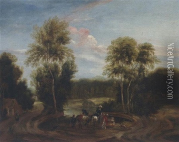 A Wooded Landscape With A Hunting Party At Halt By A Pond, With Two Women Serving Wine Oil Painting - Lucas Achtschellinck
