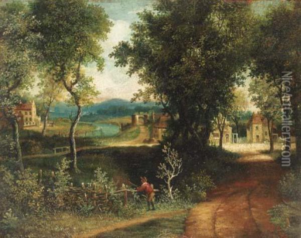 An Angler In A Wooded Landscape With A Village Beyond Oil Painting - Patrick, Peter Nasmyth