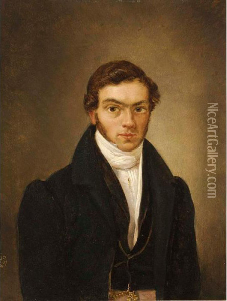A Portrait Of A Young Man, Wearing A Black Costume With White Collar Oil Painting - Louise Meyer