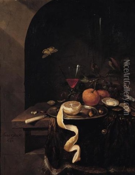 Still Life Of A Wine Glass With Oranges, Grapes, Oysters, Nuts And A Peeled Lemon Upon A Pewter Plate, Arranged On A Ledge Draped With A Brown Cloth Within A Stone Niche Oil Painting - Jan Mortel