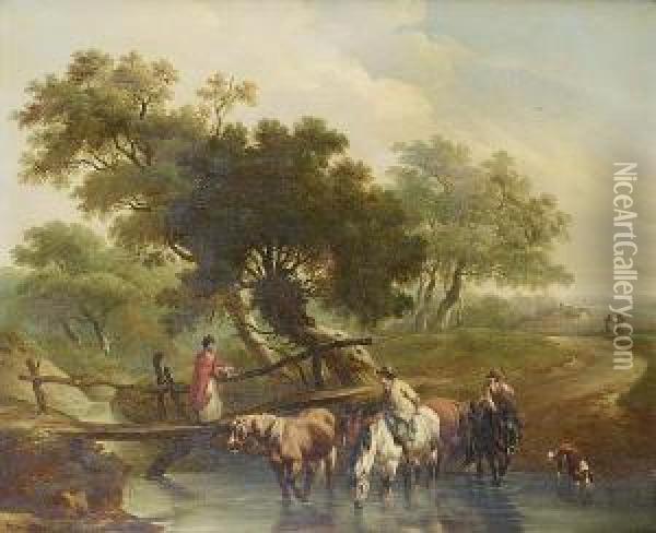 A Traveller With Cattle And 
Sheep On A Country Path Before Ruins; And Horsemen Watering Their Horses
 At A Stream Oil Painting - Charles Towne