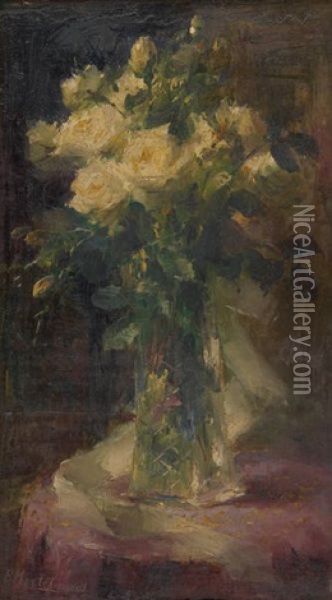 Vase Fleuri De Roses Blanches Oil Painting - Frans Mortelmans