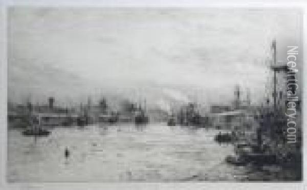 Acity River Busy With Shipping Oil Painting - William Lionel Wyllie