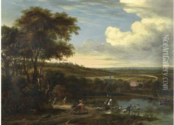 Landscape With Hunting Group Hunting Deer. Oil Painting - Willem Schellinks