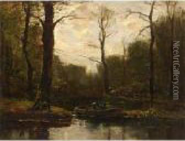A Forest Pond With A Figure In Boat Oil Painting - Frits Mondriaan