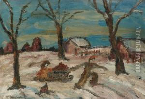 Pejzaz Zimowy Z Chlopcem Ciagnacym Oil Painting - Stanislaw Osostowicz