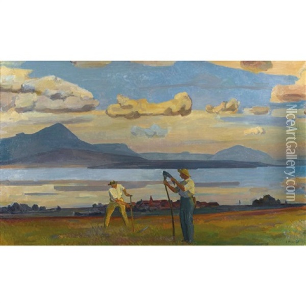 Sommerliche Seeuferpartie Mit Feldarbeitern Oil Painting - Jacques Elie Abraham Hermanjat