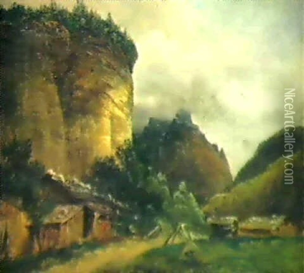 Cabanes Au Pied De La Falaise Lauterbrunnen Oil Painting - Alexandre Calame