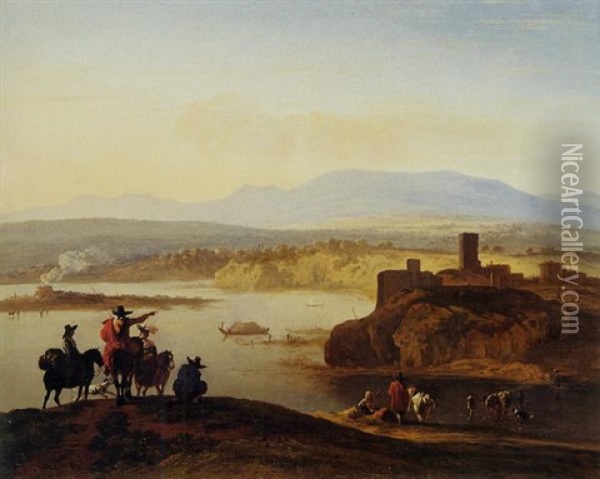Italienate Landscape With Travellers On Horseback Oil Painting - Karel Dujardin