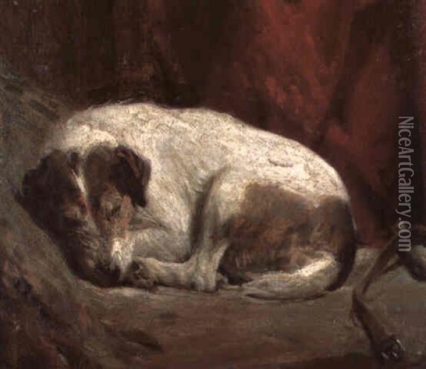A Sleeping Fox Terrier Oil Painting - Frederick Hall