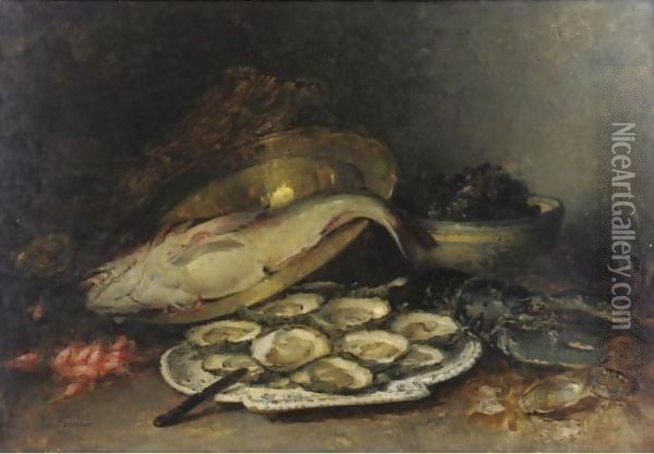 Still Life With Oysters, Salmon And Shrimp Oil Painting - Guillaume-Romain Fouace
