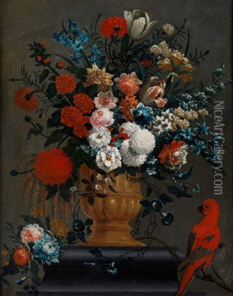 Groses Blumenstillleben Mit Rotem Papagei Oil Painting - Pieter Casteels the Younger