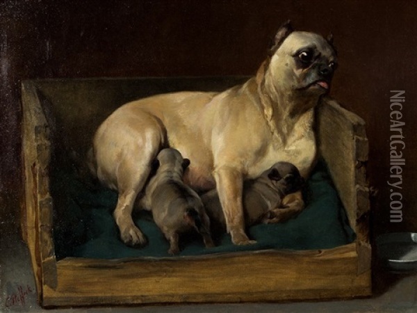 Pug Lady With Puppies Oil Painting - Carl Constantin Steffeck
