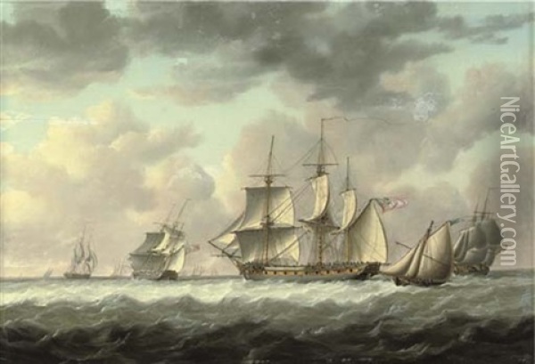 A Frigate Heaving-to In The Channel Amidst Other Ships Of Her Squadron Oil Painting - Charles Martin Powell