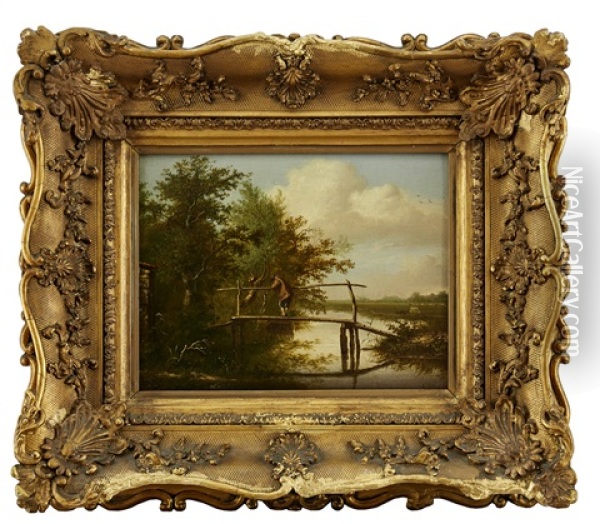 Landskap Med Man Pa En Bro Oil Painting - Georgius Jacobus Johannes van Os
