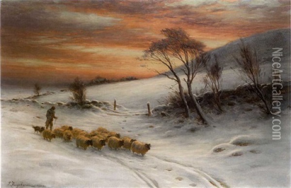 When Day Expiring In The West, The Shepherd Tends To His Flock Oil Painting - Joseph Farquharson